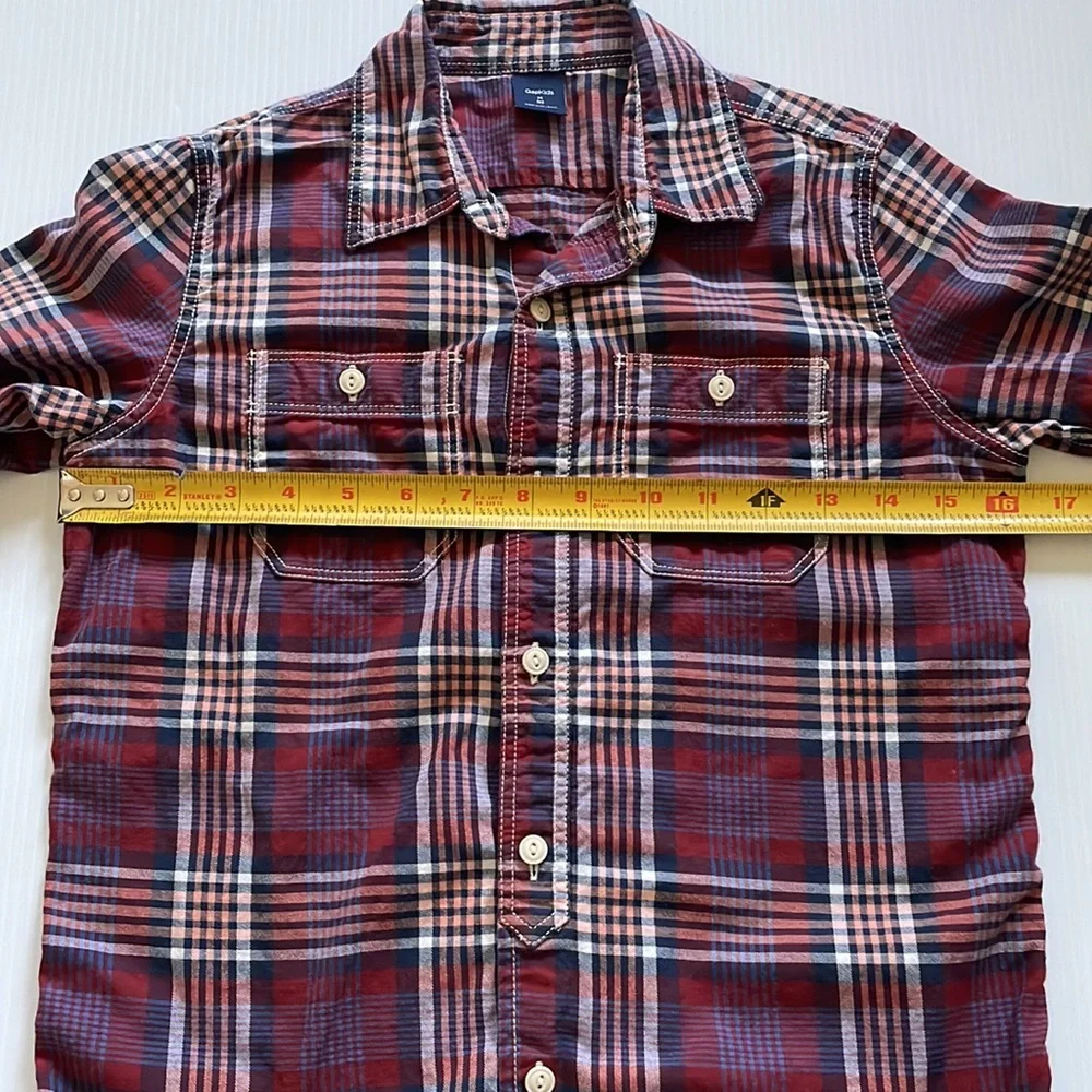 Gap kids burgundy, navy and white plaid button down, cotton shirt.  Boy’s medium
